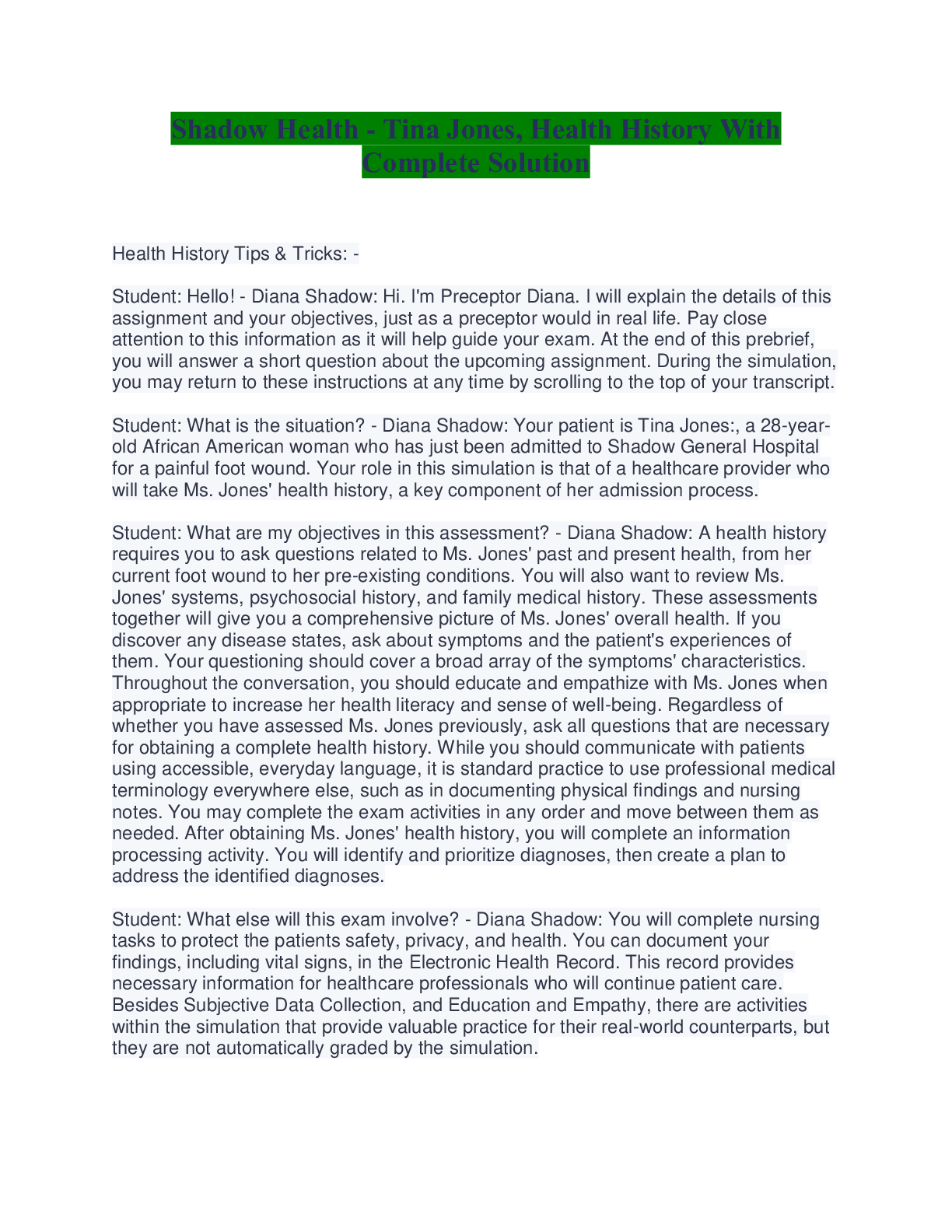 Preview image for Shadow Health - Tina Jones, Health History With Complete Solution